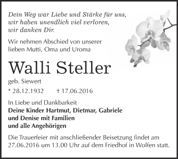 Traueranzeige von Walli Steller von WVG - Wochenspiegel Bitterfeld