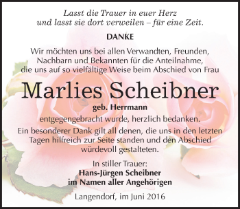 Traueranzeige von Marlies Scheibner von Mitteldeutsche Zeitung Weißenfels