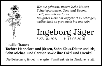 Traueranzeige von Ingeborg Jäger von Mitteldeutsche Zeitung Weißenfels