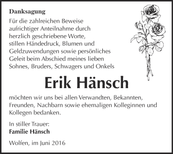 Traueranzeige von Erik Hänsch von WVG - Wochenspiegel Bitterfeld
