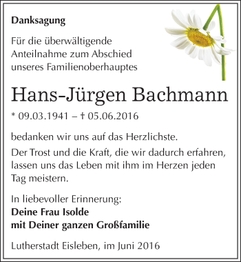 Traueranzeige von Hans-Jürgen Bachmann von Mitteldeutsche Zeitung Mansfelder Land