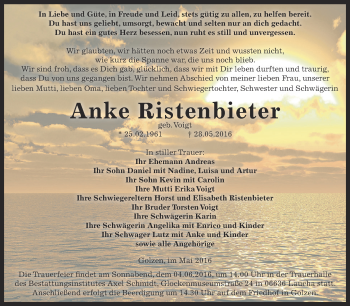 Traueranzeige von Anke Ristenbieter von WVG - Wochenspiegel NMB / WSF / ZTZ