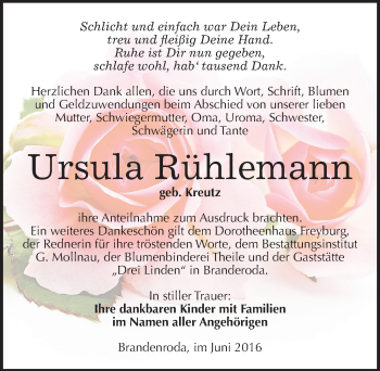 Traueranzeige von Ursula Rühlemann von Mitteldeutsche Zeitung Merseburg/Querfurt