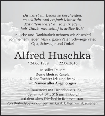 Traueranzeige von Alfred Huschka von WVG - Wochenspiegel Bitterfeld