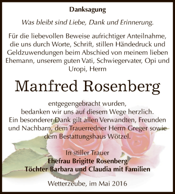 Traueranzeige von Manfred Rosenberg von Super Sonntag Zeitz