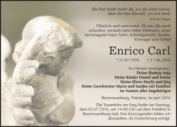 Traueranzeige von Enrico Carl von Mitteldeutsche Zeitung Sangerhausen