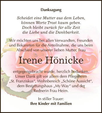 Traueranzeige von Irene Hönicke von WVG - Wochenspiegel NMB / WSF / ZTZ