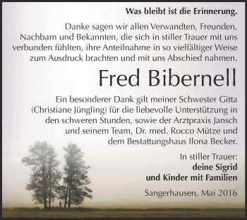 Traueranzeige von Fred Bibernell von WVG - Wochenspiegel NMB / WSF / ZTZ