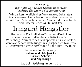 Traueranzeige von Irmgard Hengstler von Mitteldeutsche Zeitung Wittenberg