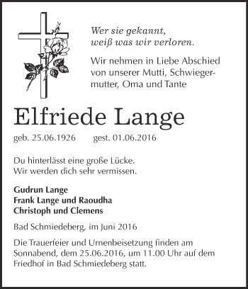 Traueranzeige von Elfriede Lange von WVG - Wochenspiegel Wittenberg