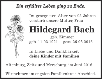 Traueranzeige von Hildegard Bach von Super Sonntag Zeitz