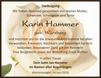 Traueranzeige von Karin Hammer von Super Sonntag SGH Mansf. Land