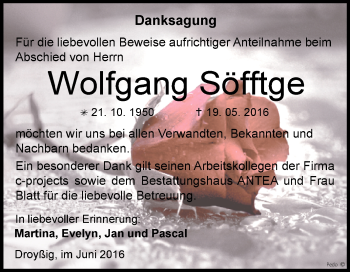 Traueranzeige von Wolfgang Söfftge von Super Sonntag Zeitz