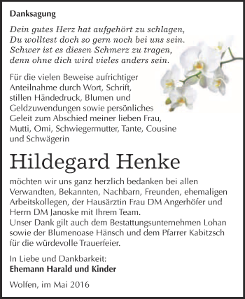 Traueranzeige von Hildegard Henke von WVG - Wochenspiegel Bitterfeld