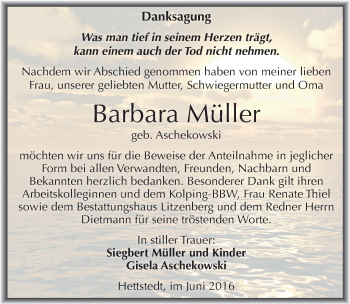 Traueranzeige von Barbara Müller von Mitteldeutsche Zeitung Mansfelder Land