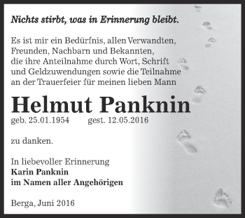 Traueranzeige von Helmut Panknin von Super Sonntag SGH Mansf. Land