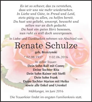Traueranzeige von Renate Schulze von Super Sonntag Wittenberg