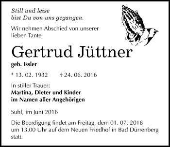 Traueranzeige von Gertrud Jüttner von Mitteldeutsche Zeitung Merseburg/Querfurt