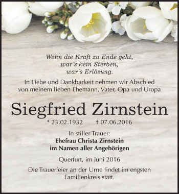 Traueranzeige von Siegfried Zirnstein von Mitteldeutsche Zeitung Merseburg/Querfurt