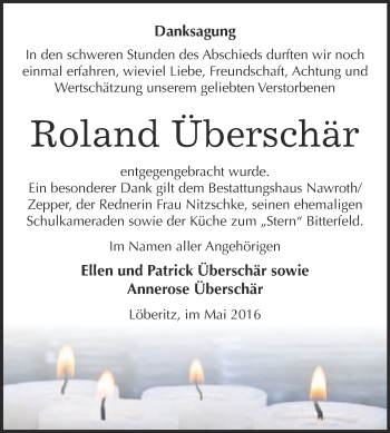 Traueranzeige von Roland Überschär von WVG - Wochenspiegel Bitterfeld