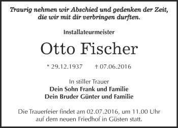 Traueranzeige von Otto Fischer von Super Sonntag Bernburg