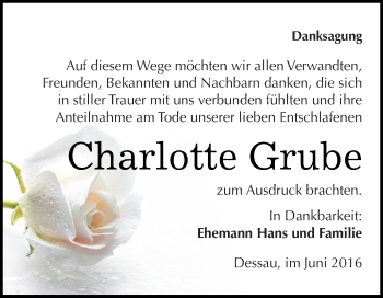 Traueranzeige von Charlotte Grube von WVG - Wochenspiegel Dessau / Köthen