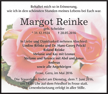 Traueranzeige von Margot Reinke von Mitteldeutsche Zeitung Aschersleben