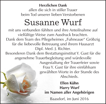 Traueranzeige von Susanne Wurf von Mitteldeutsche Zeitung Köthen