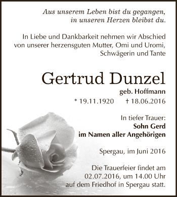 Traueranzeige von Gertrud Dunzel von Super Sonntag Zeitz