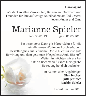 Traueranzeige von Marianne Spieler von WVG - Wochenspiegel Wittenberg