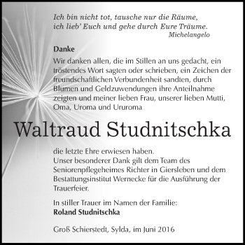 Traueranzeige von Waltraud Studnitschka von Super Sonntag Aschersleben