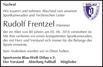 Traueranzeige von Rudolf Frentzel von Mitteldeutsche Zeitung Halle/Saalkreis