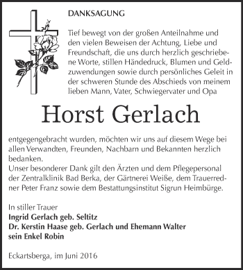 Traueranzeige von Horst Gerlach von WVG - Wochenspiegel NMB / WSF / ZTZ