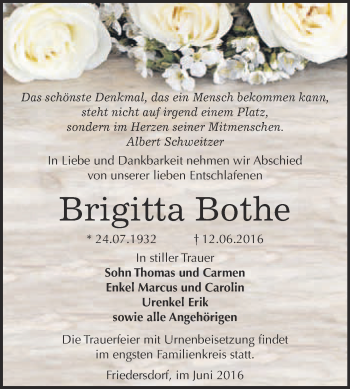 Traueranzeige von Brigitta Bothe von WVG - Wochenspiegel Bitterfeld
