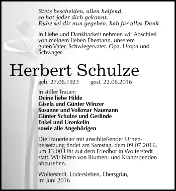 Traueranzeige von Herbert Schulze von Mitteldeutsche Zeitung Sangerhausen