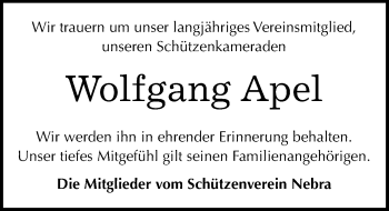 Traueranzeige von Wolfgang Apel von Mitteldeutsche Zeitung Merseburg/Querfurt