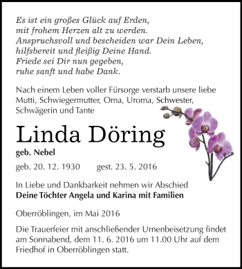 Traueranzeige von Linda Döring von Super Sonntag SGH Mansf. Land