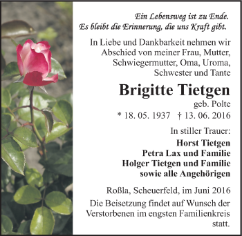 Traueranzeige von Brigitte Tietgen von Mitteldeutsche Zeitung Sangerhausen