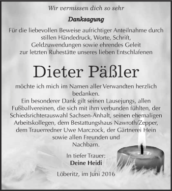 Traueranzeige von Dieter Päßler von WVG - Wochenspiegel Bitterfeld