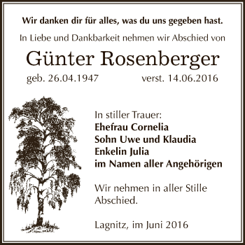 Traueranzeige von Günter Rosenberger von WVG - Wochenspiegel NMB / WSF / ZTZ