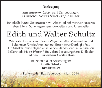 Traueranzeige von Edith und Walter Schultz von Mitteldeutsche Zeitung Quedlinburg