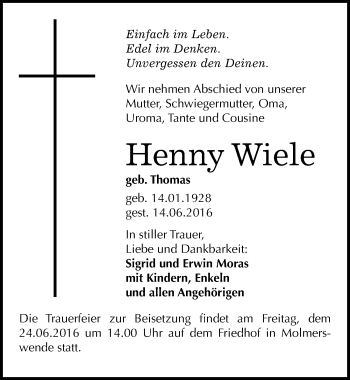 Traueranzeige von Henny Wiele von Mitteldeutsche Zeitung Quedlinburg