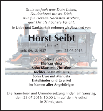 Traueranzeige von Horst Seibt von Mitteldeutsche Zeitung Bitterfeld