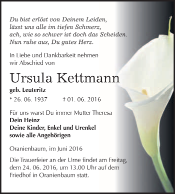 Traueranzeige von Ursula Kettmann von WVG - Wochenspiegel Wittenberg
