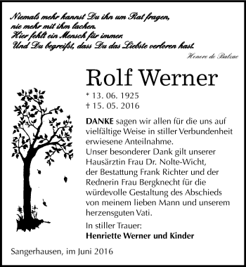 Traueranzeige von Rolf Werner von Mitteldeutsche Zeitung Sangerhausen