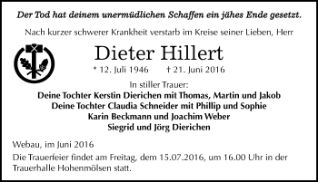 Traueranzeige von Dieter Hillert von Mitteldeutsche Zeitung Weißenfels