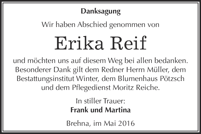  Traueranzeige für Erika Reif vom 01.06.2016 aus WVG - Wochenspiegel Bitterfeld