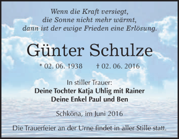 Traueranzeige von Günter Schulze von WVG - Wochenspiegel Wittenberg
