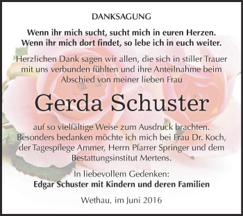Traueranzeige von Gerda Schuster von WVG - Wochenspiegel NMB / WSF / ZTZ