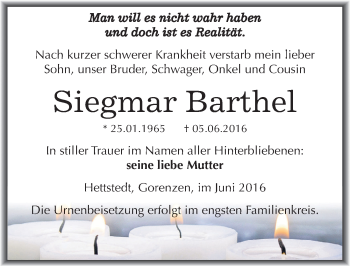 Traueranzeige von Siegmar Barthel von Mitteldeutsche Zeitung Mansfelder Land